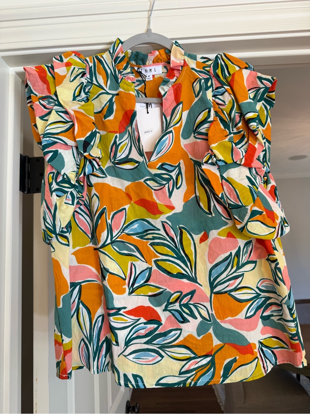 THML Multicolor Leaf-Print Ruffle Sleeve Blouse